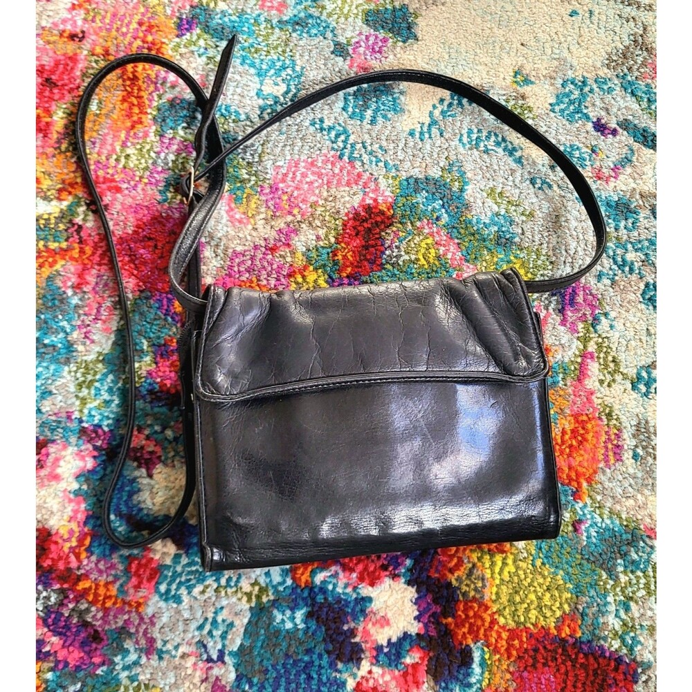 Edgy Black Leather Convertible Crossbody Clutch Organizer 90s Perlina Handbag